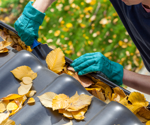 Worker removing leaves from a gutter.