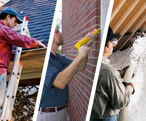 Photo collage of workers installing gutters, air sealing, and insulation.