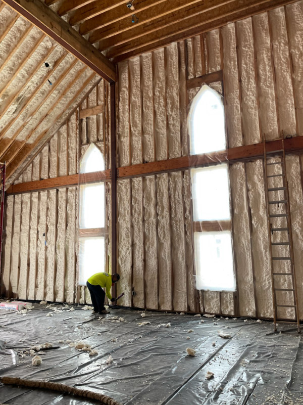 open cell spray foam insulation installed in a church