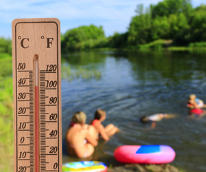 Closeup of a thermometer with people playing in a pond on a sunny day.